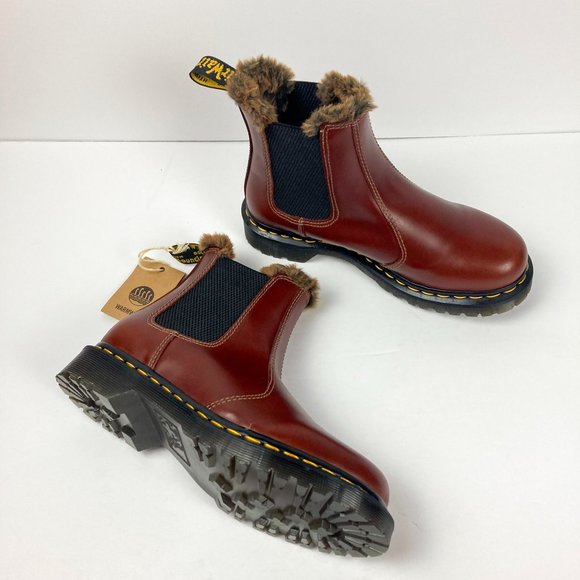 Dr. Martens Shoes - Dr Marten 2975 Leonore Faux Fur Lined Chelsea Ankle Boot Red Brown 7